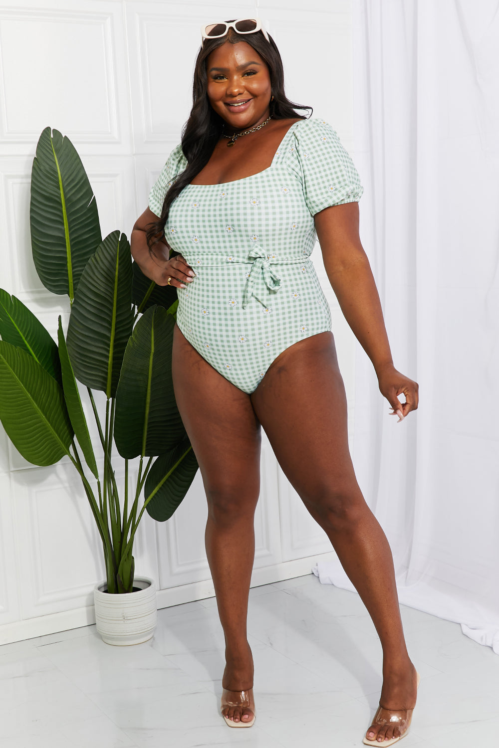 Salty Air Puff Sleeve One-Piece in Sage Swimsuit
