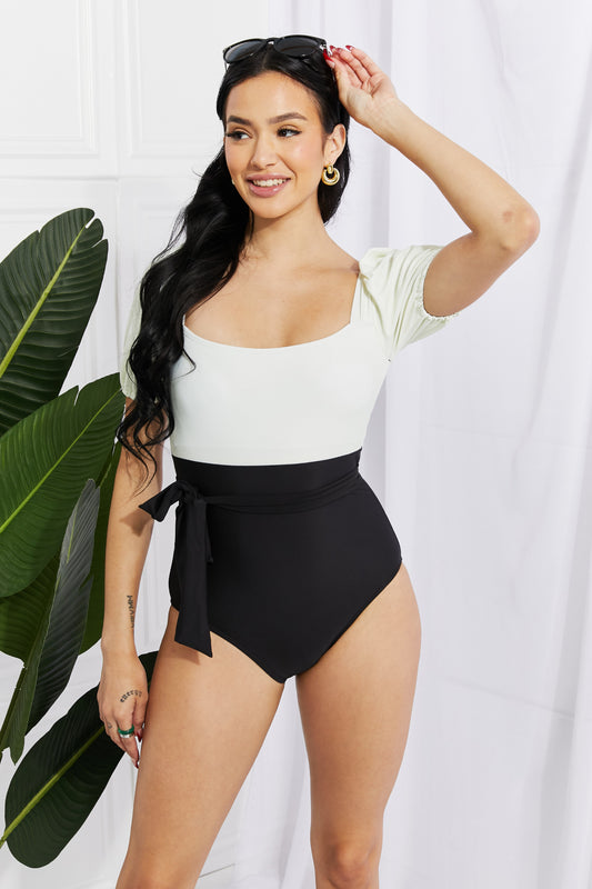 Swimsuit Salty Air Puff Sleeve One-Piece in Cream/Black