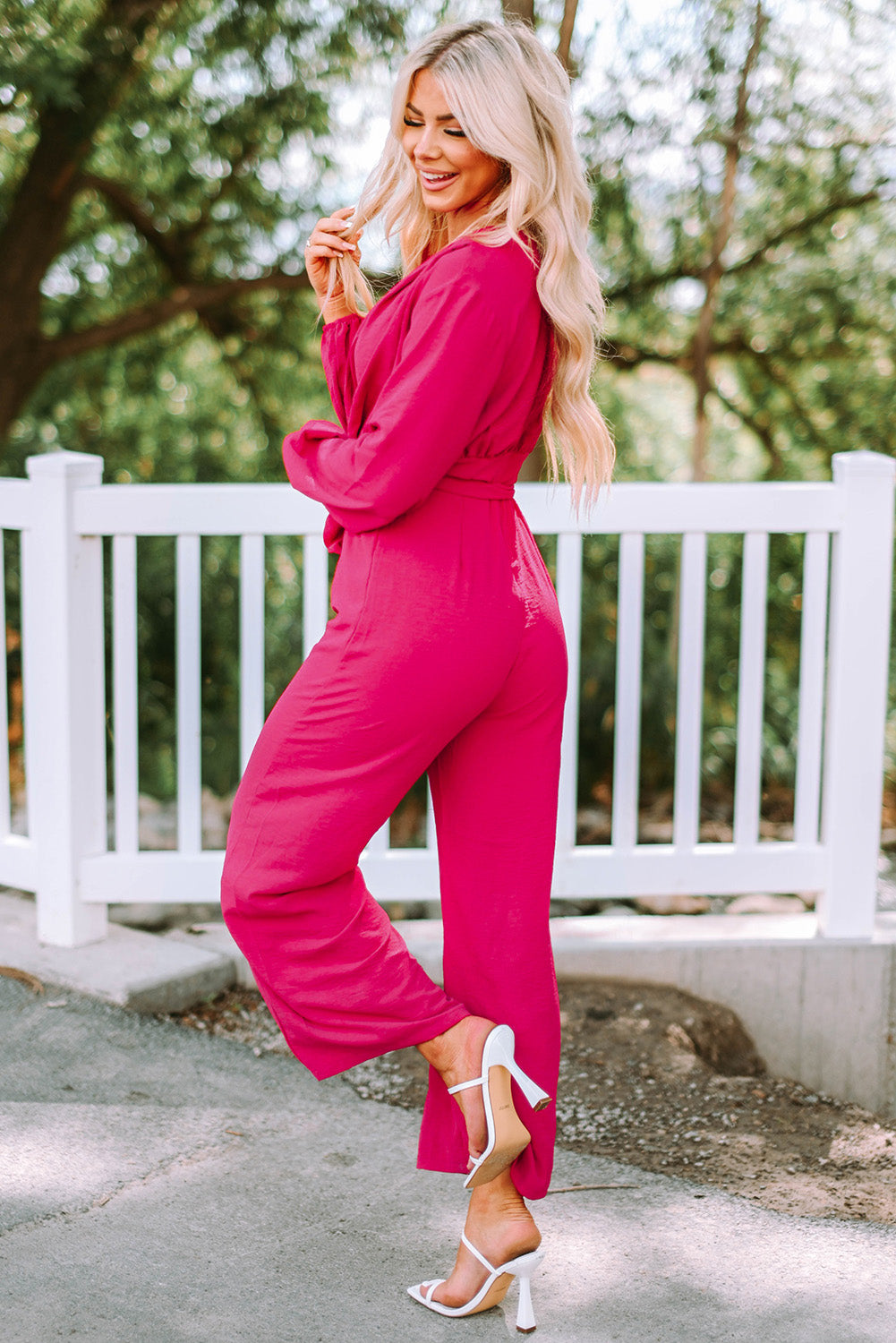 Belted V-Neck Wide Leg Jumpsuit