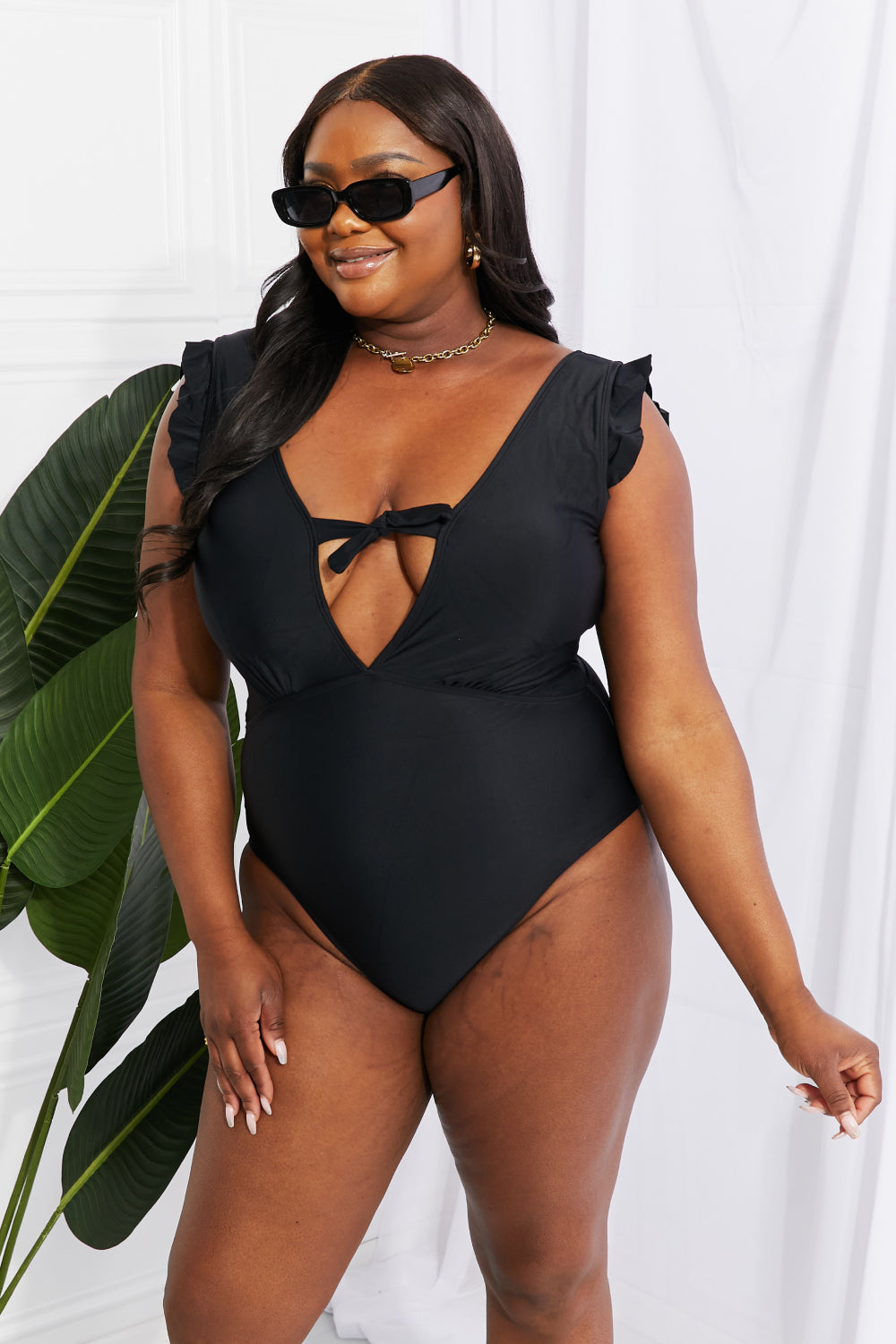 Seashell Ruffle Sleeve One-Piece in Black Swimsuit