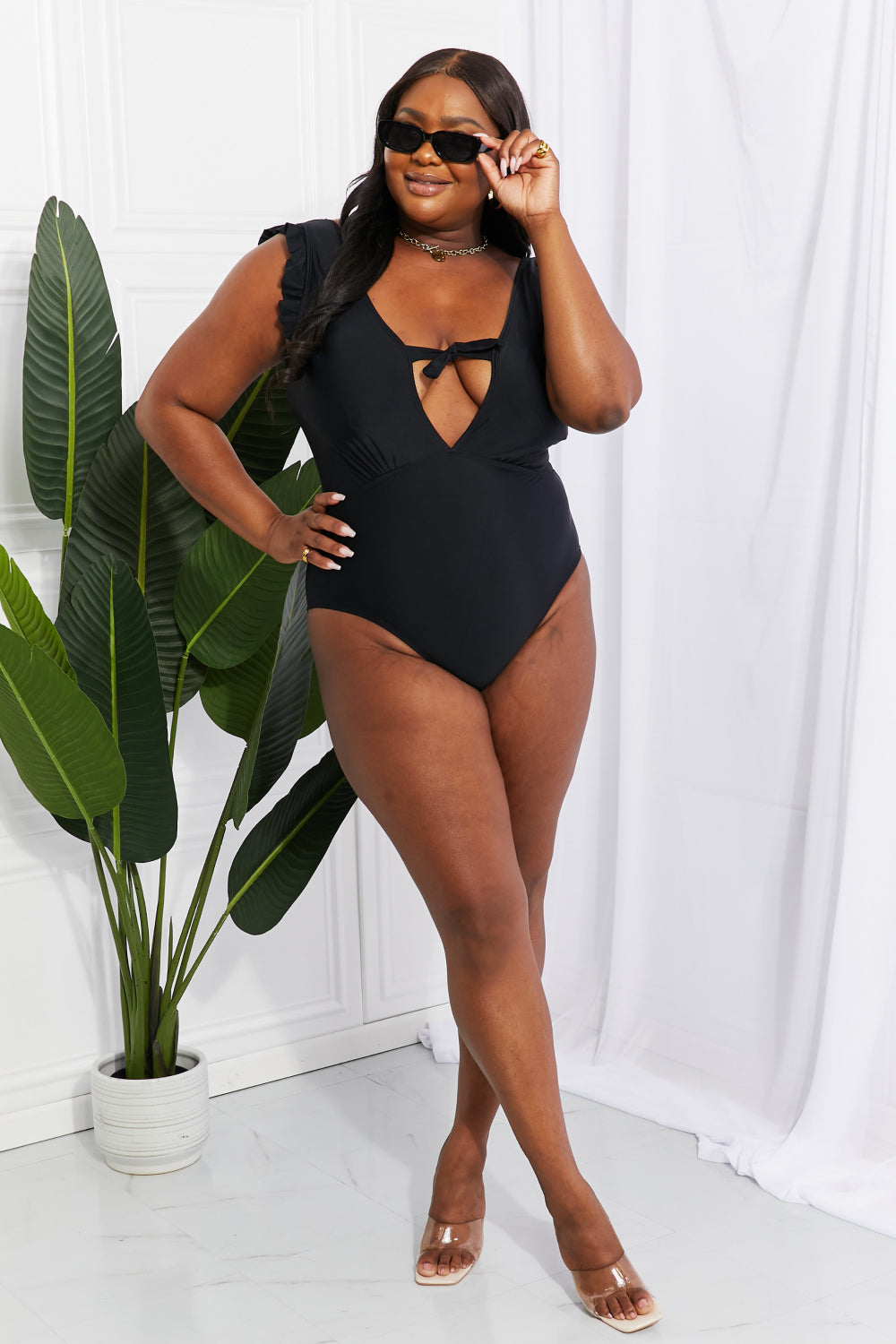 Seashell Ruffle Sleeve One-Piece in Black Swimsuit