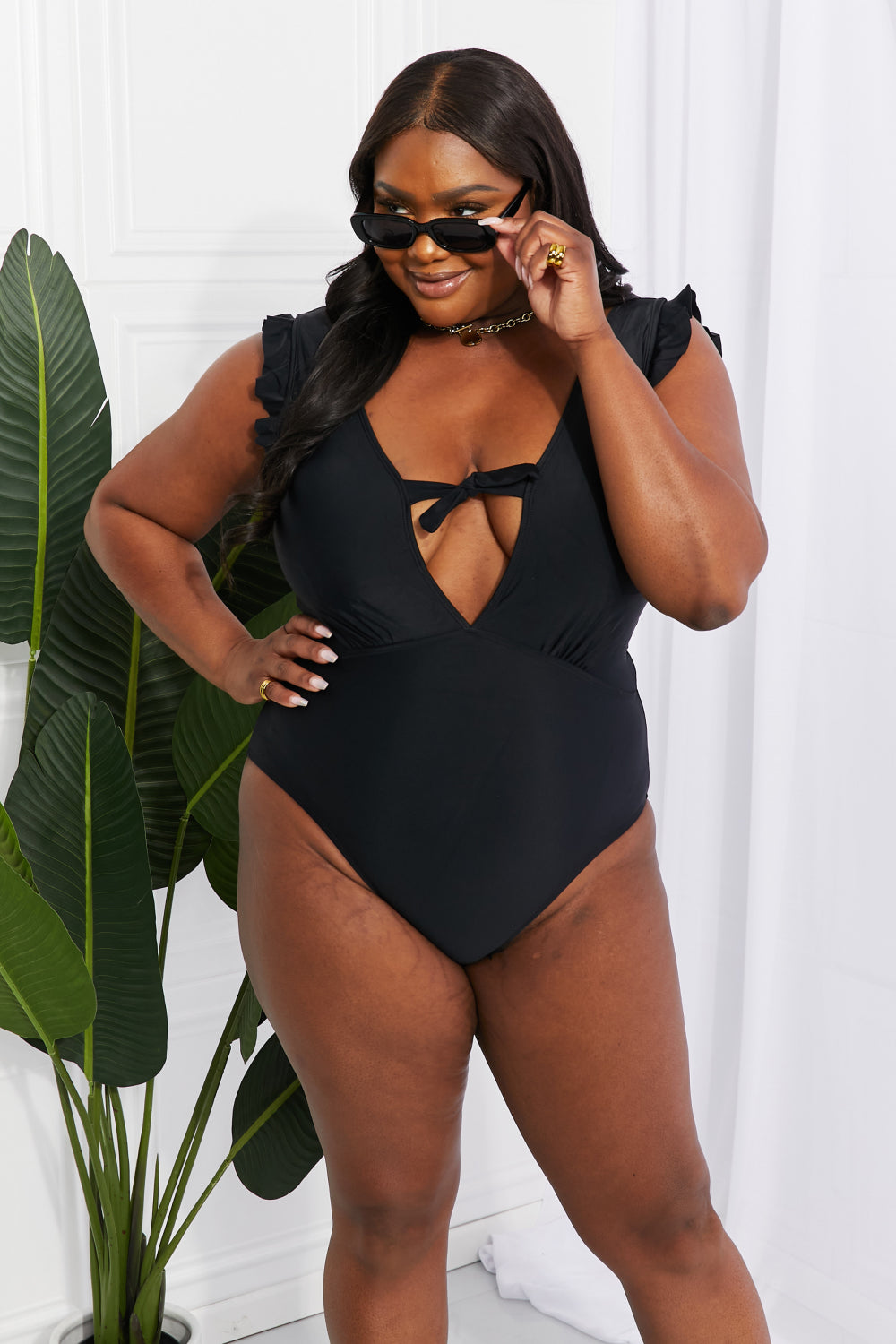 Seashell Ruffle Sleeve One-Piece in Black Swimsuit