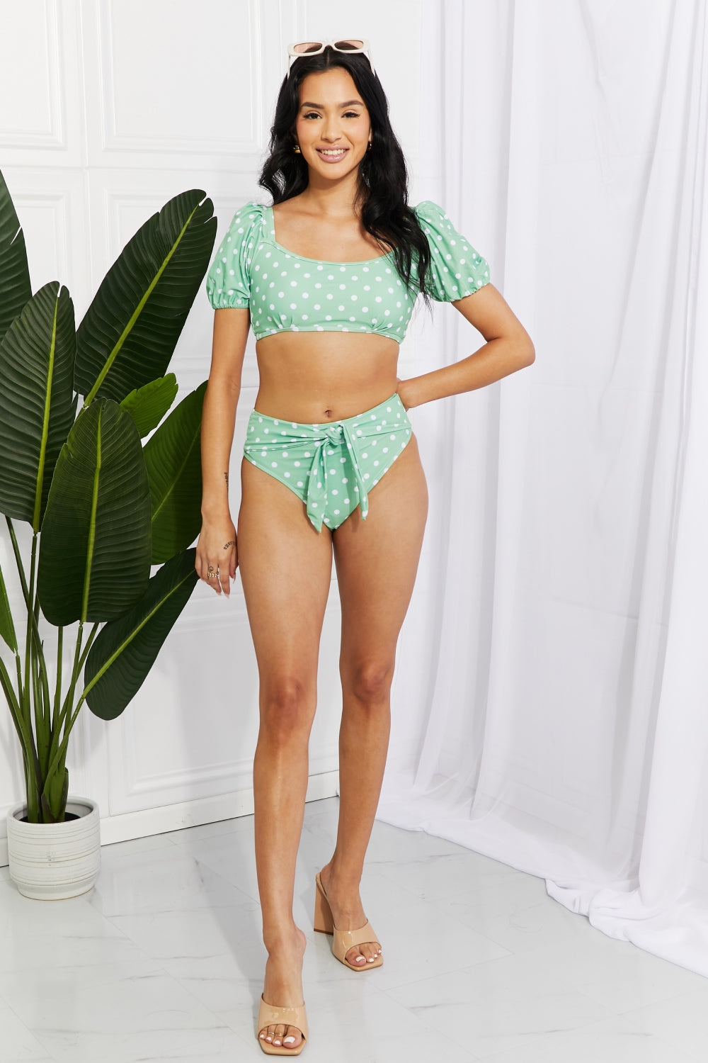 Sage Green Swim Vacay Ready Puff Sleeve Bikini in Gum Leaf