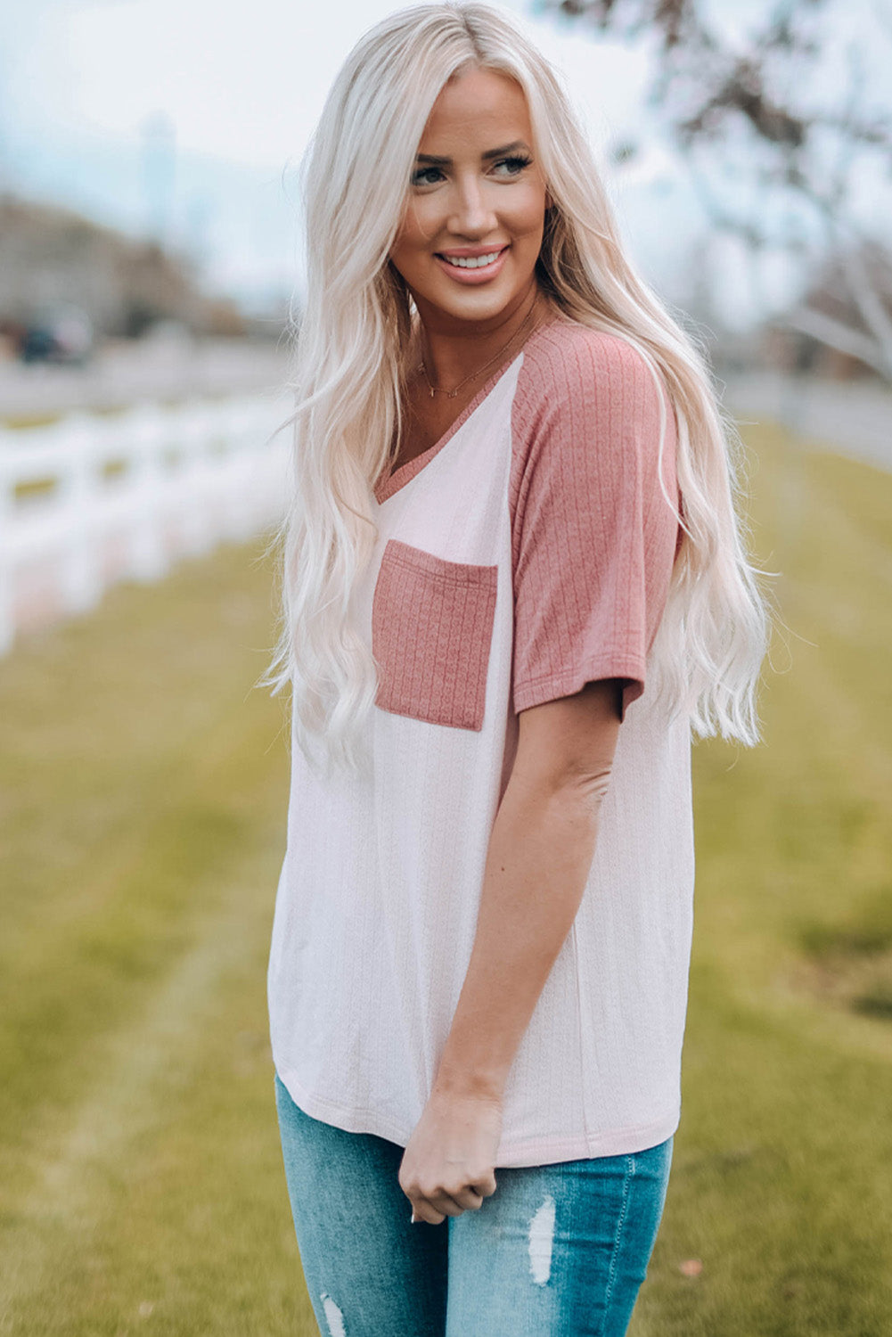 Two-Tone Raglan Sleeve V-Neck Tee