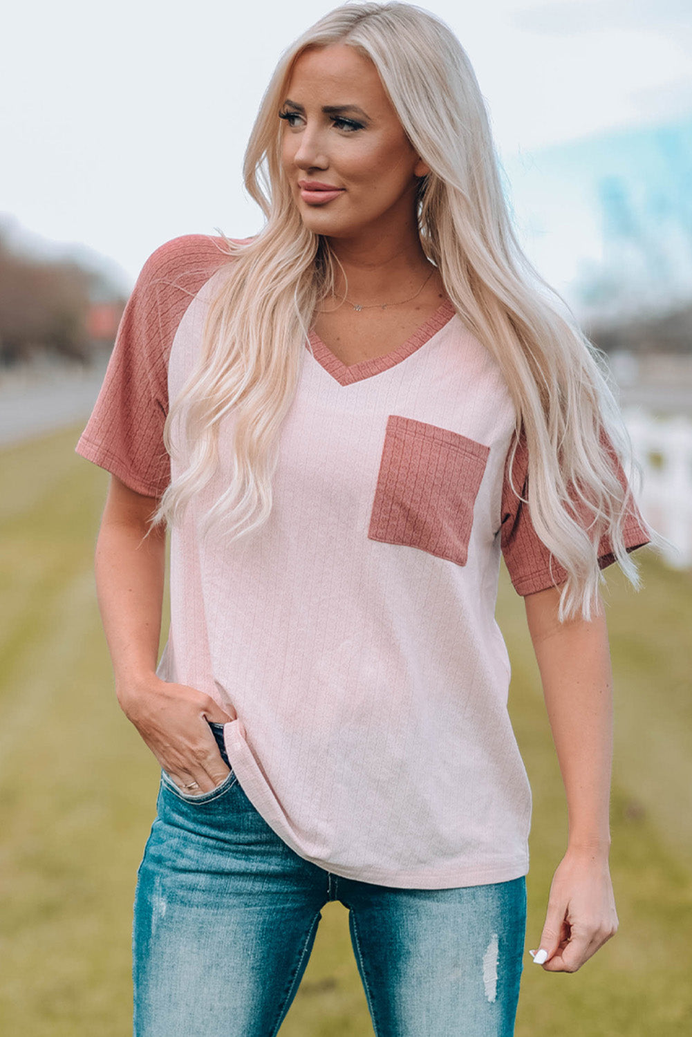 Two-Tone Raglan Sleeve V-Neck Tee