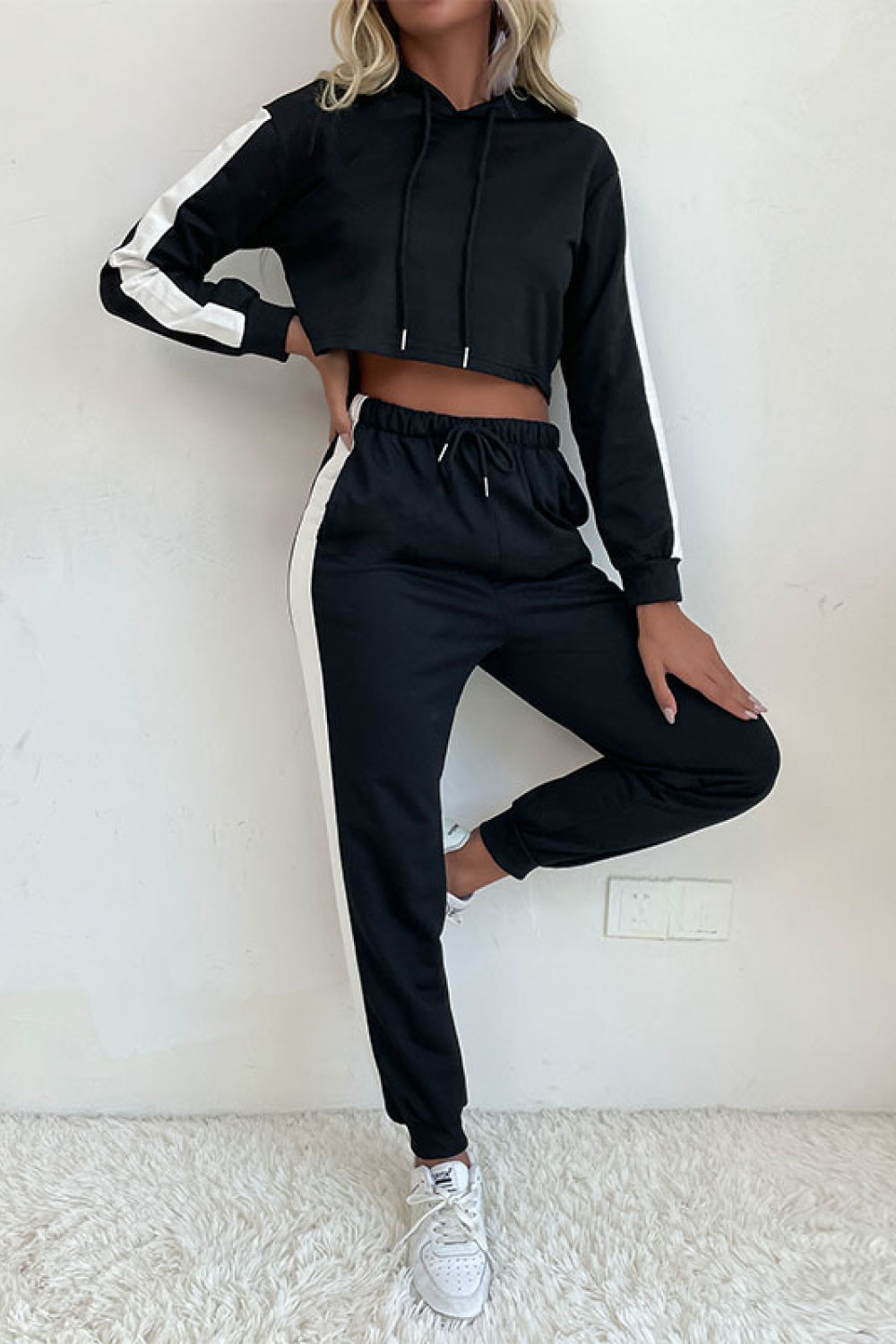 Side Stripe Cropped Hoodie and Jogger Set