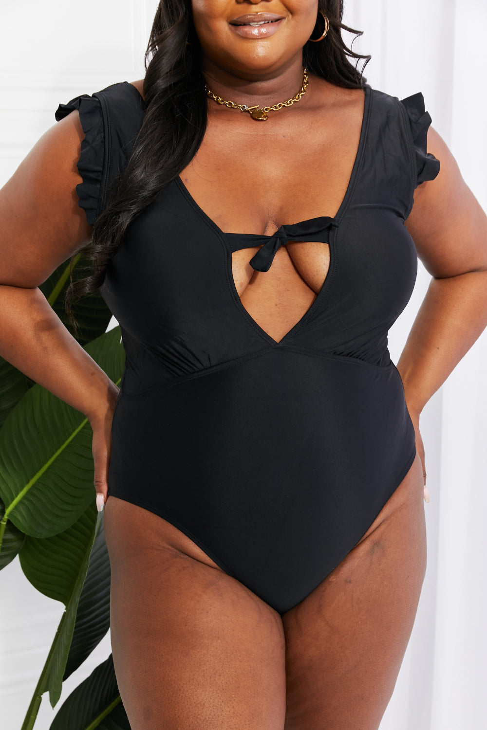 Seashell Ruffle Sleeve One-Piece in Black Swimsuit