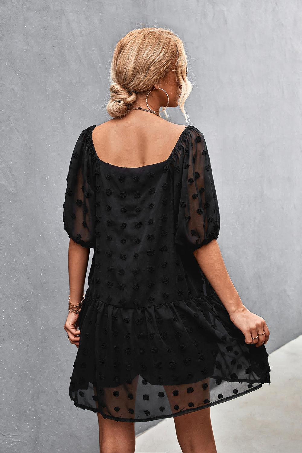 Swiss Dot Square Neck Half Balloon Sleeve Dress