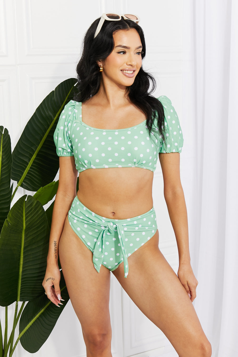 Sage Green Swim Vacay Ready Puff Sleeve Bikini in Gum Leaf