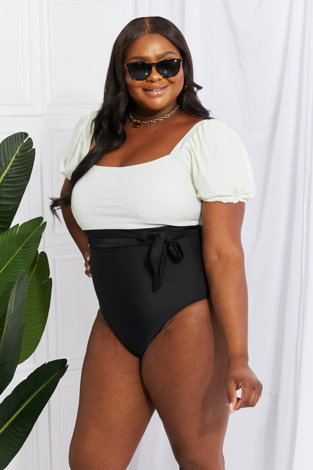 Swimsuit Salty Air Puff Sleeve One-Piece in Cream/Black