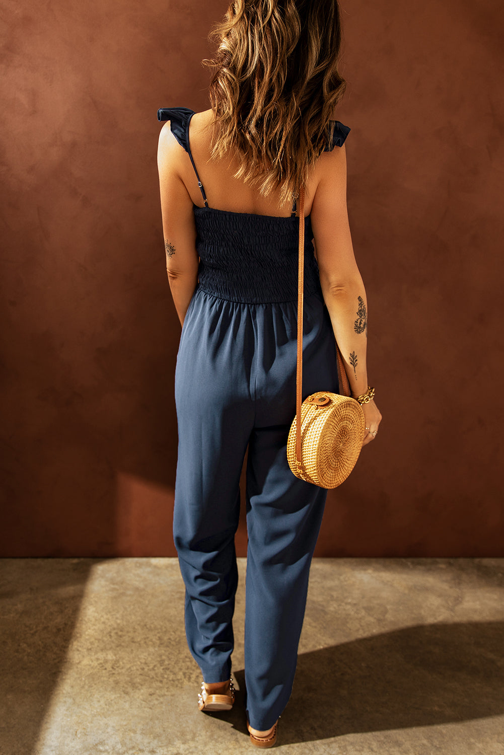 Ruffle Shoulder Smocked Pocket Jumpsuit