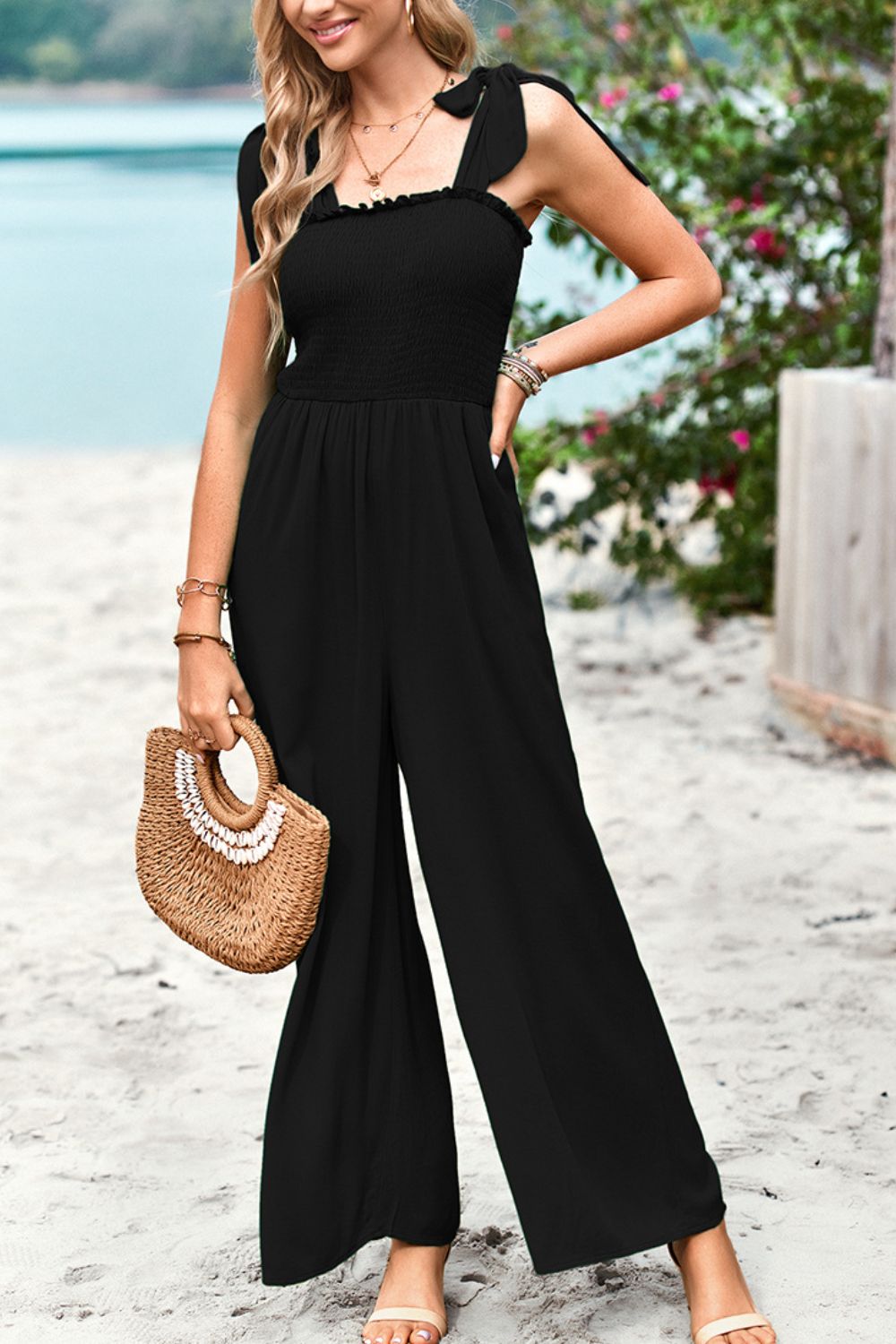 Frill Trim Tie Shoulder Wide Leg Jumpsuit with Pockets