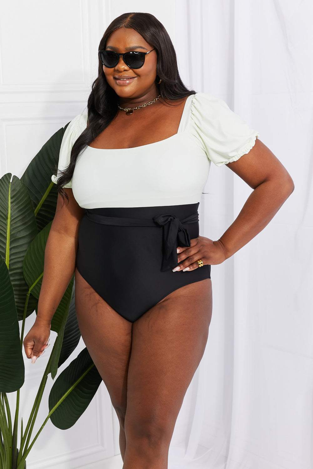 Swimsuit Salty Air Puff Sleeve One-Piece in Cream/Black