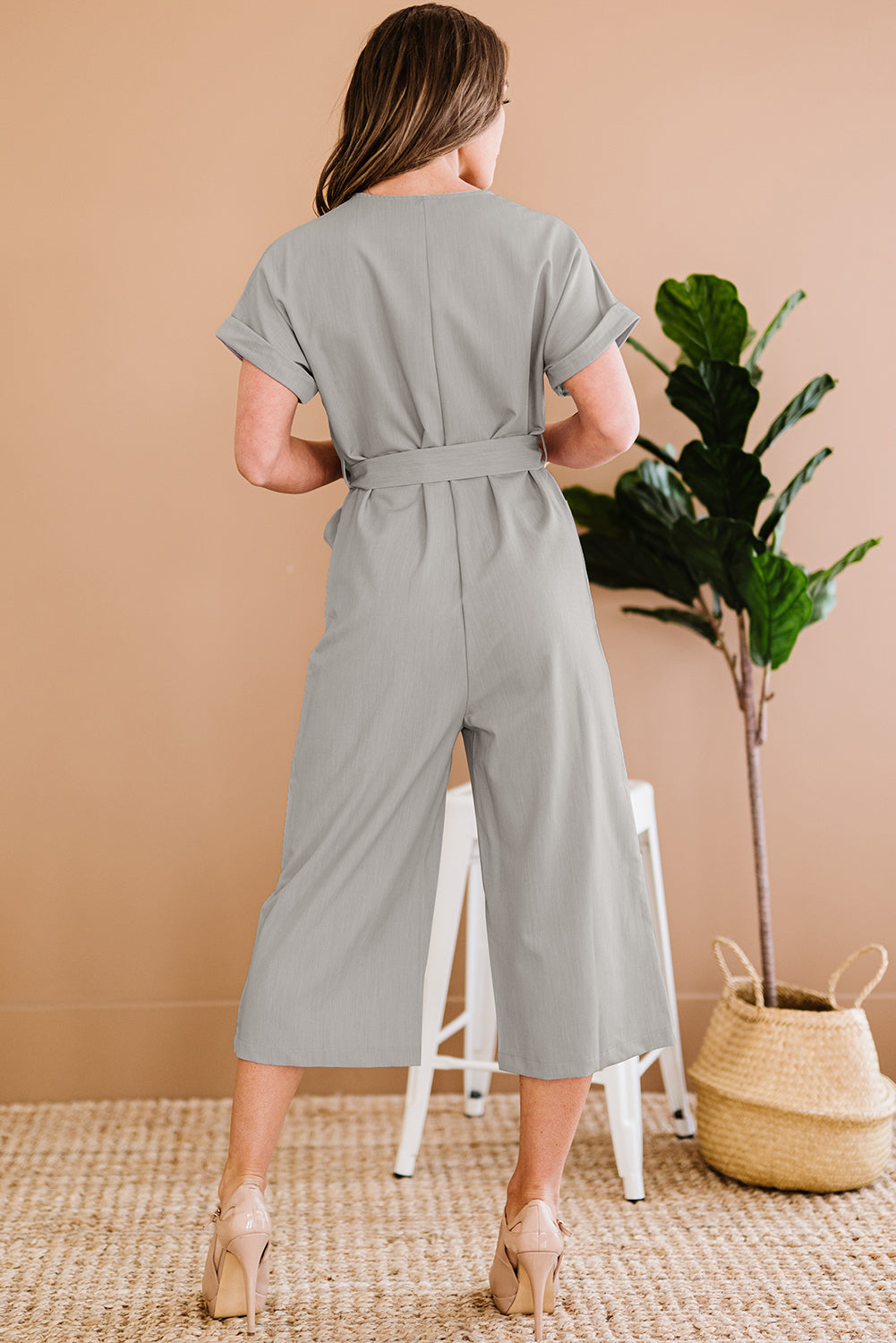 Button Front Belted Cropped Jumpsuit with Pockets