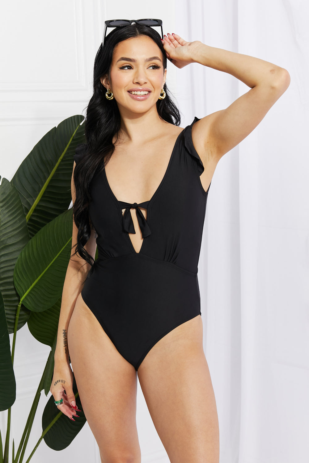 Seashell Ruffle Sleeve One-Piece in Black Swimsuit