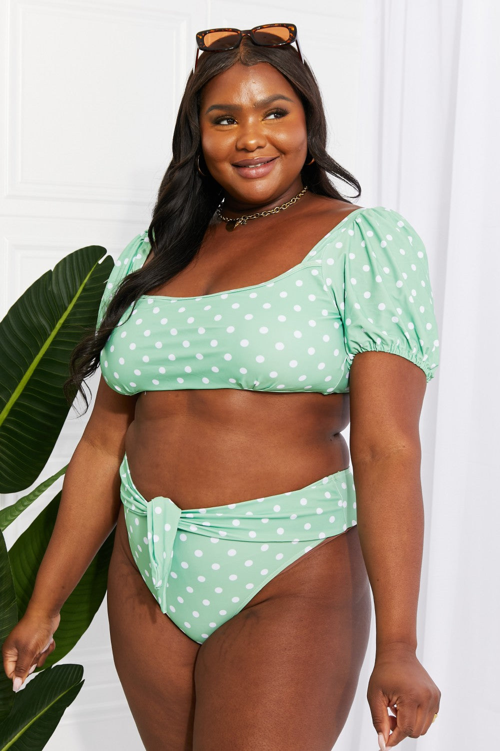 Sage Green Swim Vacay Ready Puff Sleeve Bikini in Gum Leaf